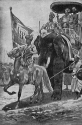 象に乗っているスラジャーダウラーは、プラシーでロバート・クライヴに会う準備をしています